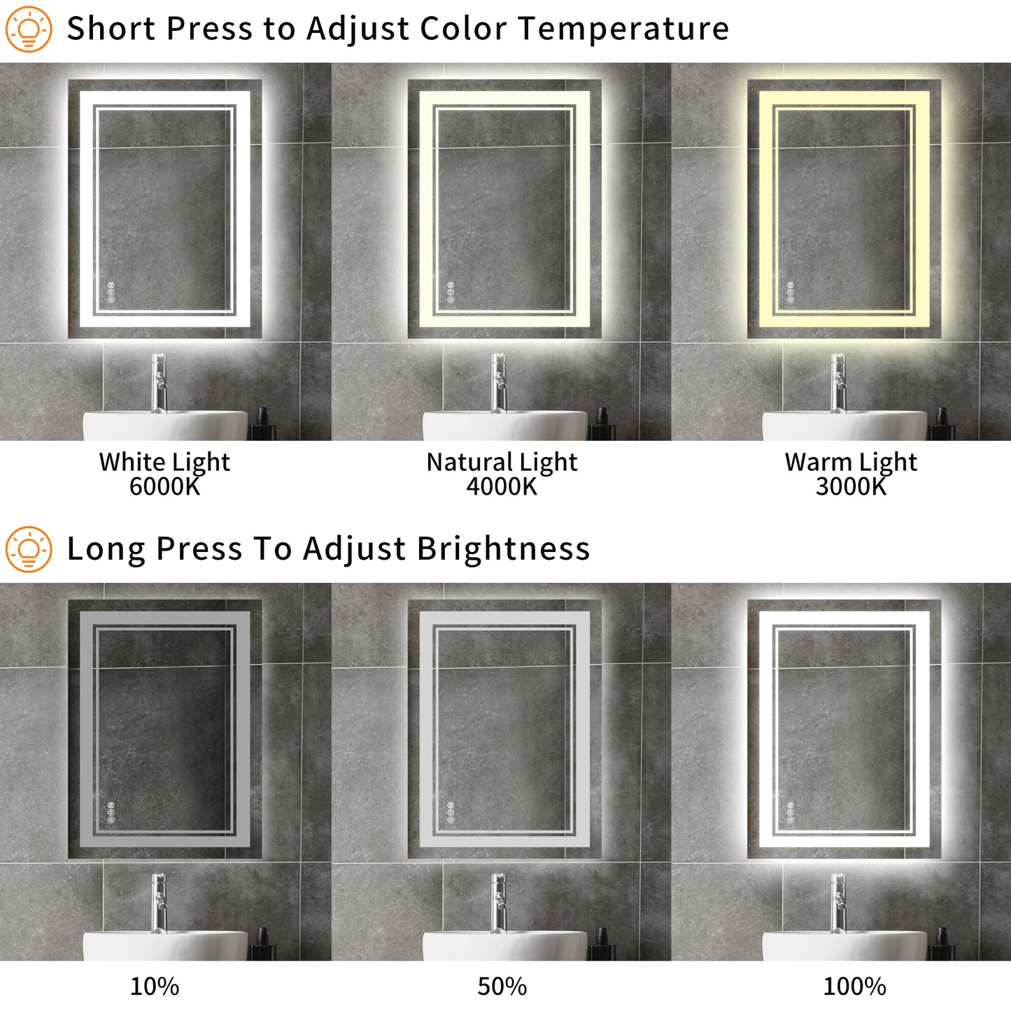 24''x 36'' LED Light Bathroom Mirror Touch Sensor with Brightness Control Anti-fog Wall Mirror