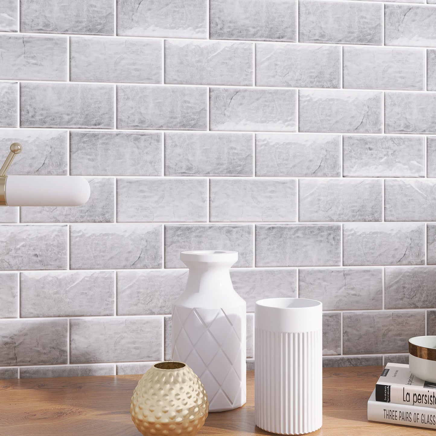 2x6" Gray Glass Inkjet Subway Tile Kitchen Wall Backsplash