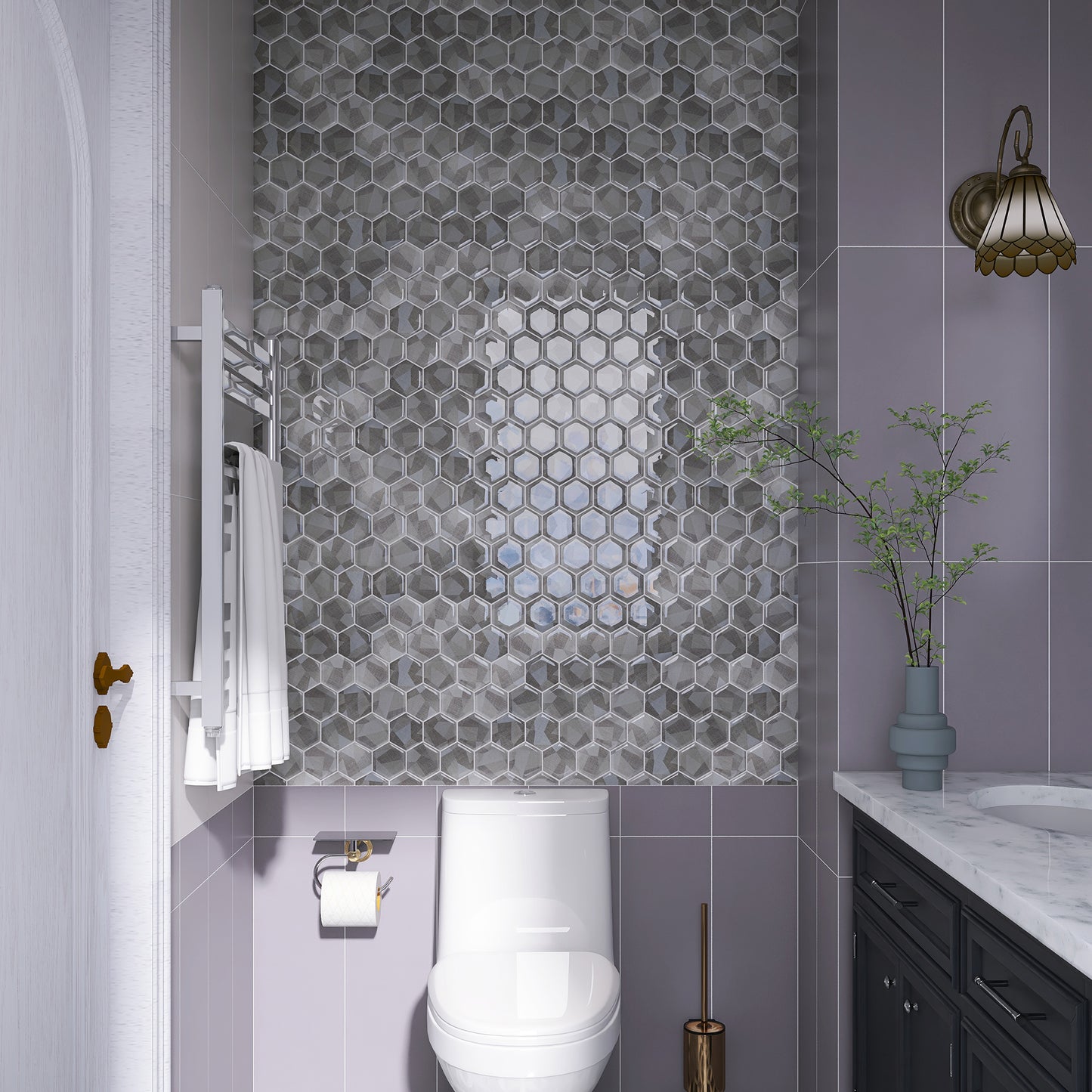 Gray Dimensional 3D Hexagon Glass-Inkjet Backsplash Wall Tile